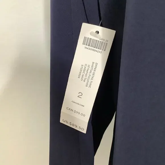 Chico's Navy Blue Long Sleeve Zipper Detail Blouse Top 2 NWT - Picture 7 of 7